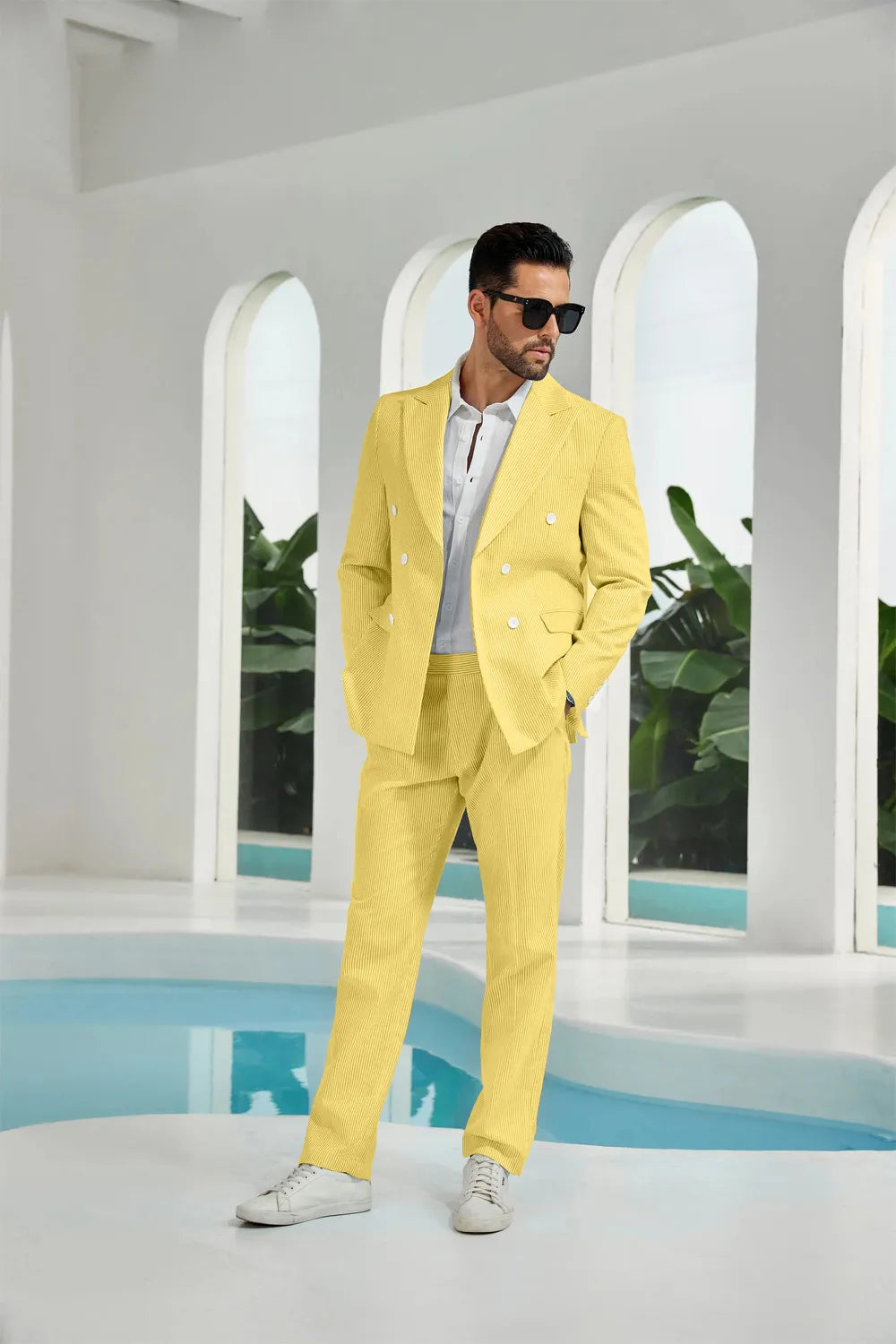 Yellow seersucker double breasted blazer pants 2 piece men's summer suit upgrade version