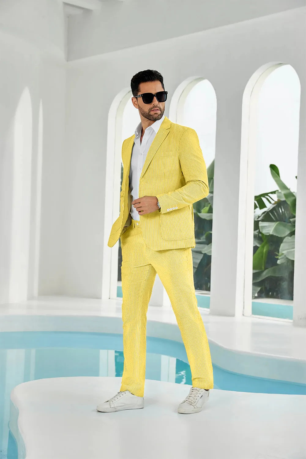Yellow-white seersucker striped blazer pants 2 piece men's summer suit upgrade version side display