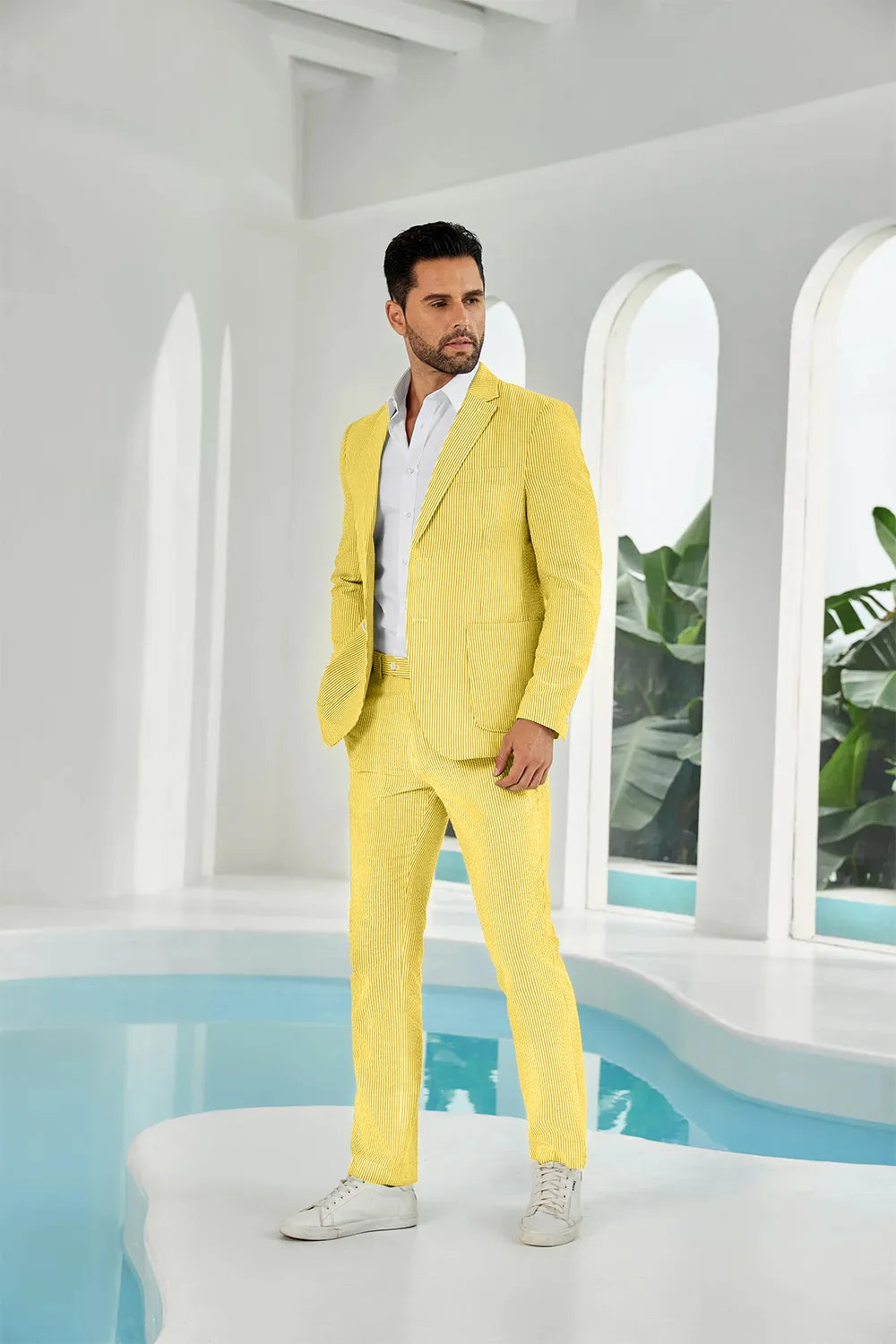 Yellow-white seersucker striped blazer pants 2 piece men's summer suit upgrade version on model