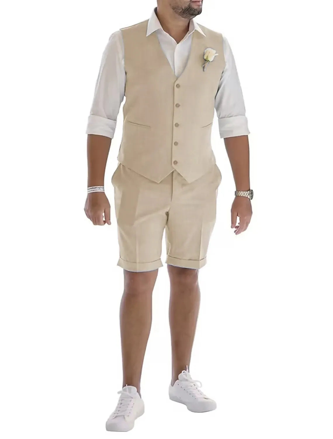 Beige men's linen vest & shorts suit – relaxed tailored summer outfit for men