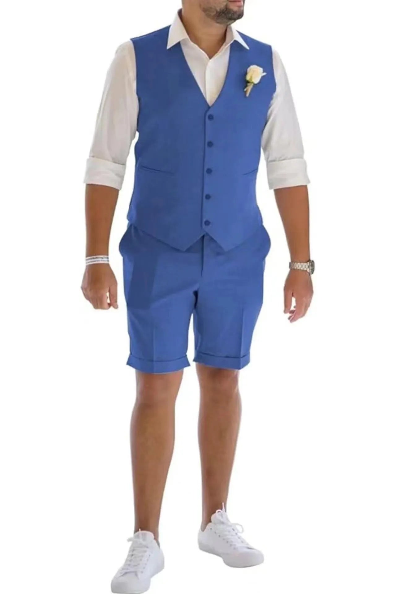 Blue men's linen vest & shorts suit – stylish tailored summer outfit
