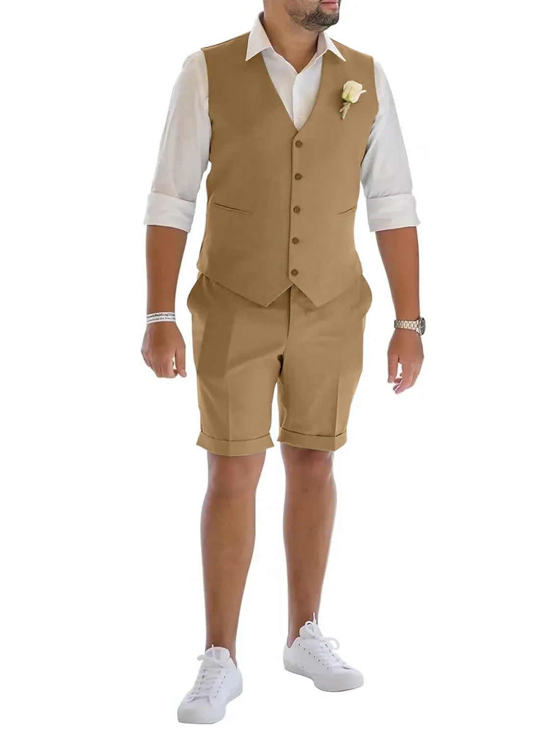 Brown men's linen vest & shorts suit – tailored summer casual outfit