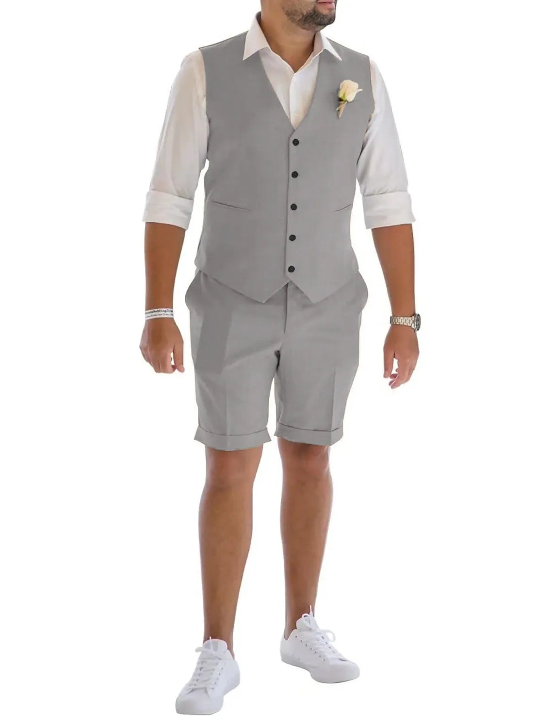 Gray men's linen vest & shorts suit – breathable casual and wedding summer style