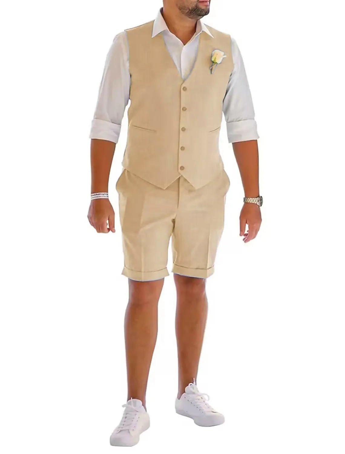 Khaki men's linen vest & shorts suit – stylish tailored summer casual wear