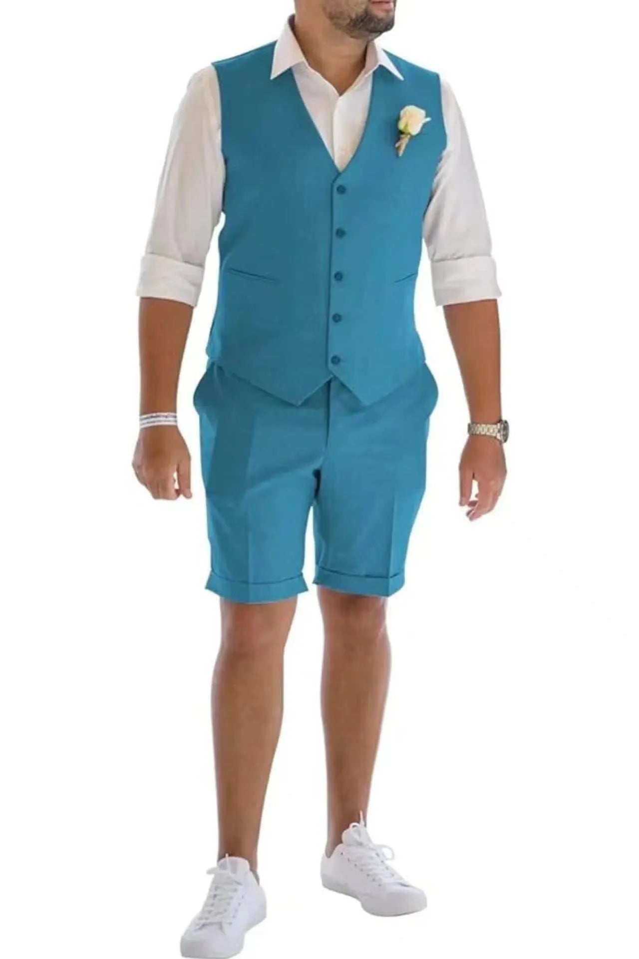 Lake blue men's linen vest & shorts suit – breathable wedding and event summer wear