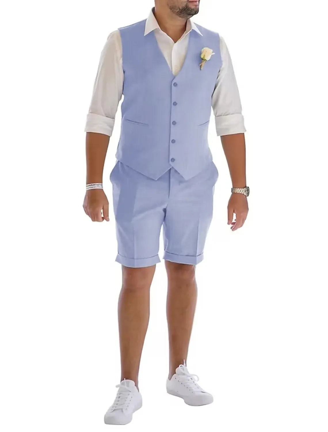 Light blue men's linen vest & shorts suit – beach wedding summer style for men