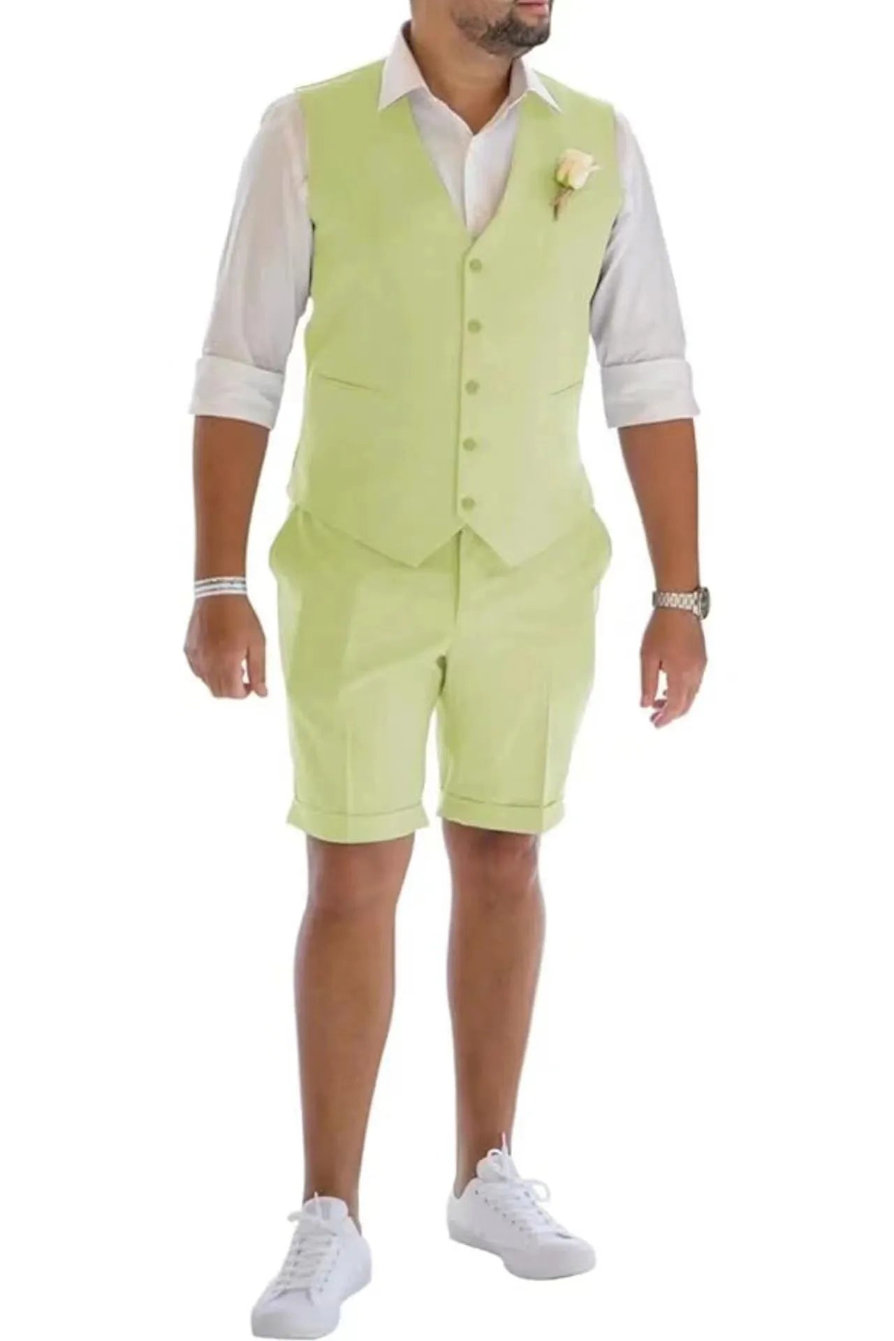 Mint green men's linen vest & shorts suit – wedding and beach event summer style