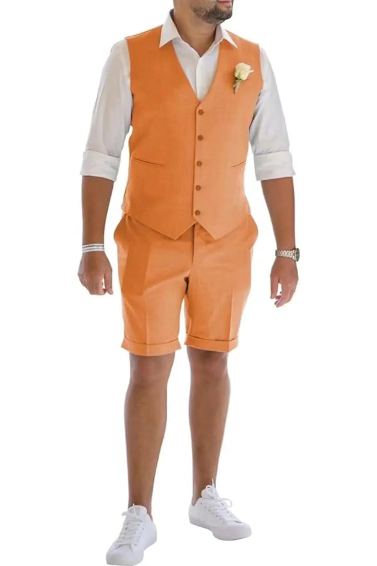 Orange men's linen vest & shorts suit – stylish wedding and beach summer style