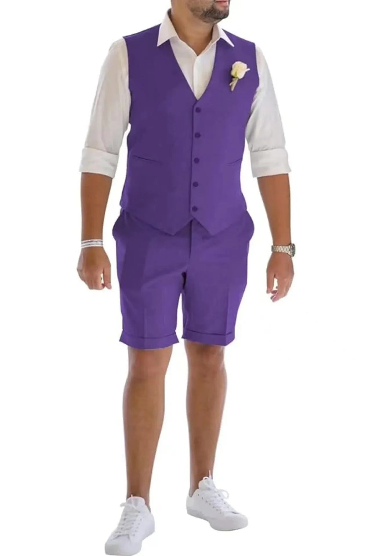 Purple men's linen vest & shorts suit – breathable wedding and beach summer style