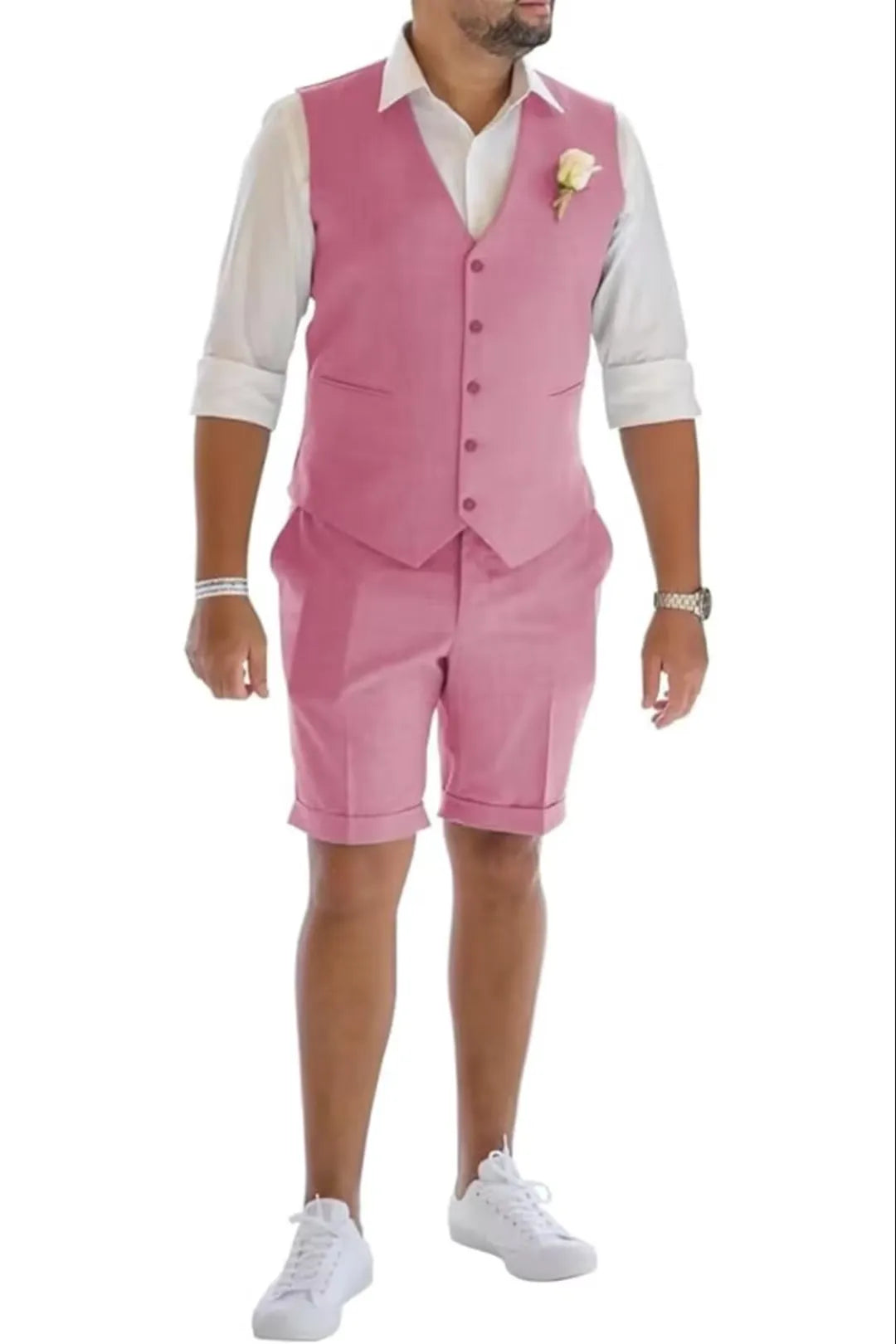 Rose men's linen vest & shorts suit – breathable wedding and beach summer look