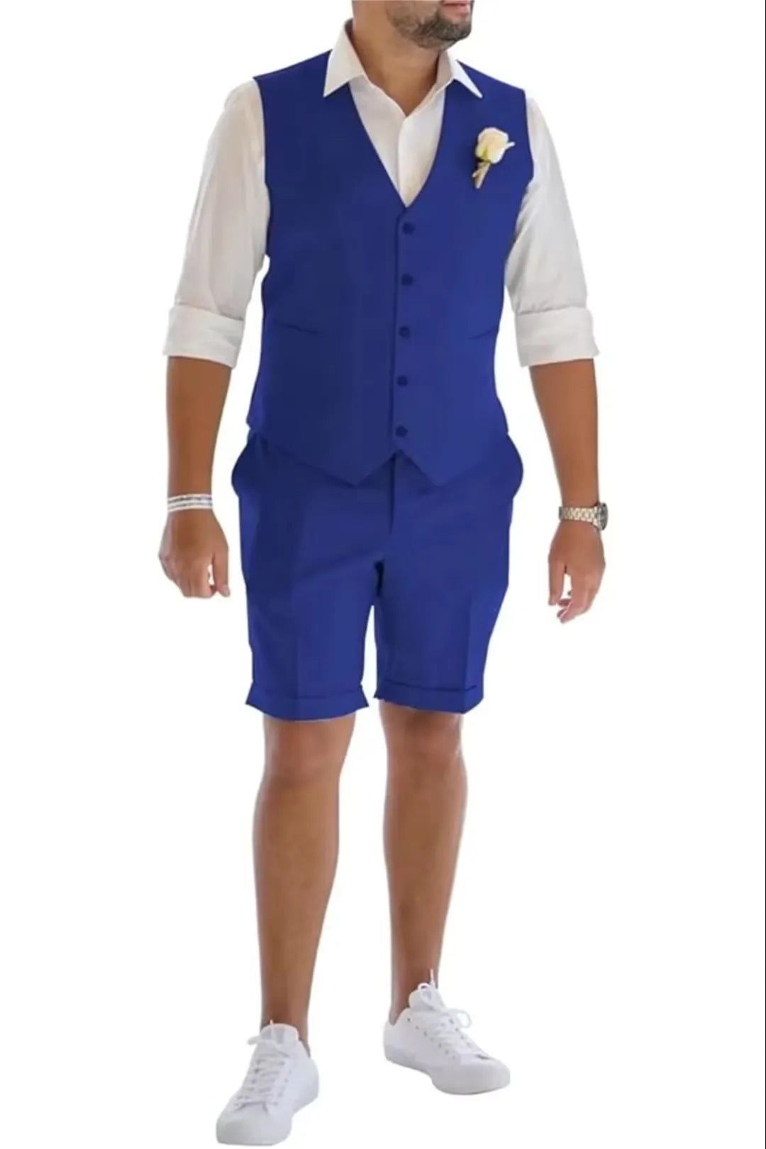Royal blue men's linen vest & shorts suit – stylish wedding and party summer look