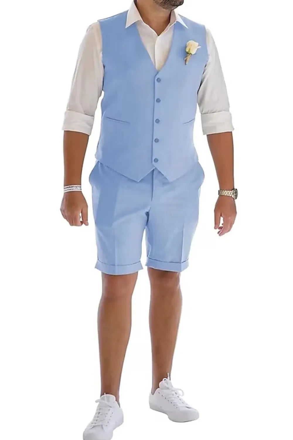 Sky blue men's linen vest & shorts suit – breathable beach wedding summer style