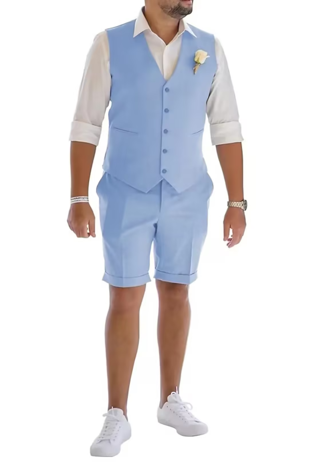 Sky blue men's linen vest & shorts suit – tailored summer casual outfit
