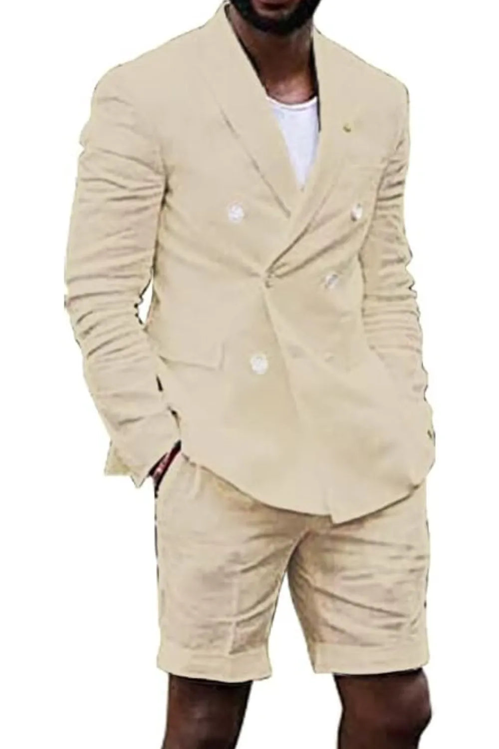Men's beige double breasted linen shorts suit with white tee – casual summer outfit