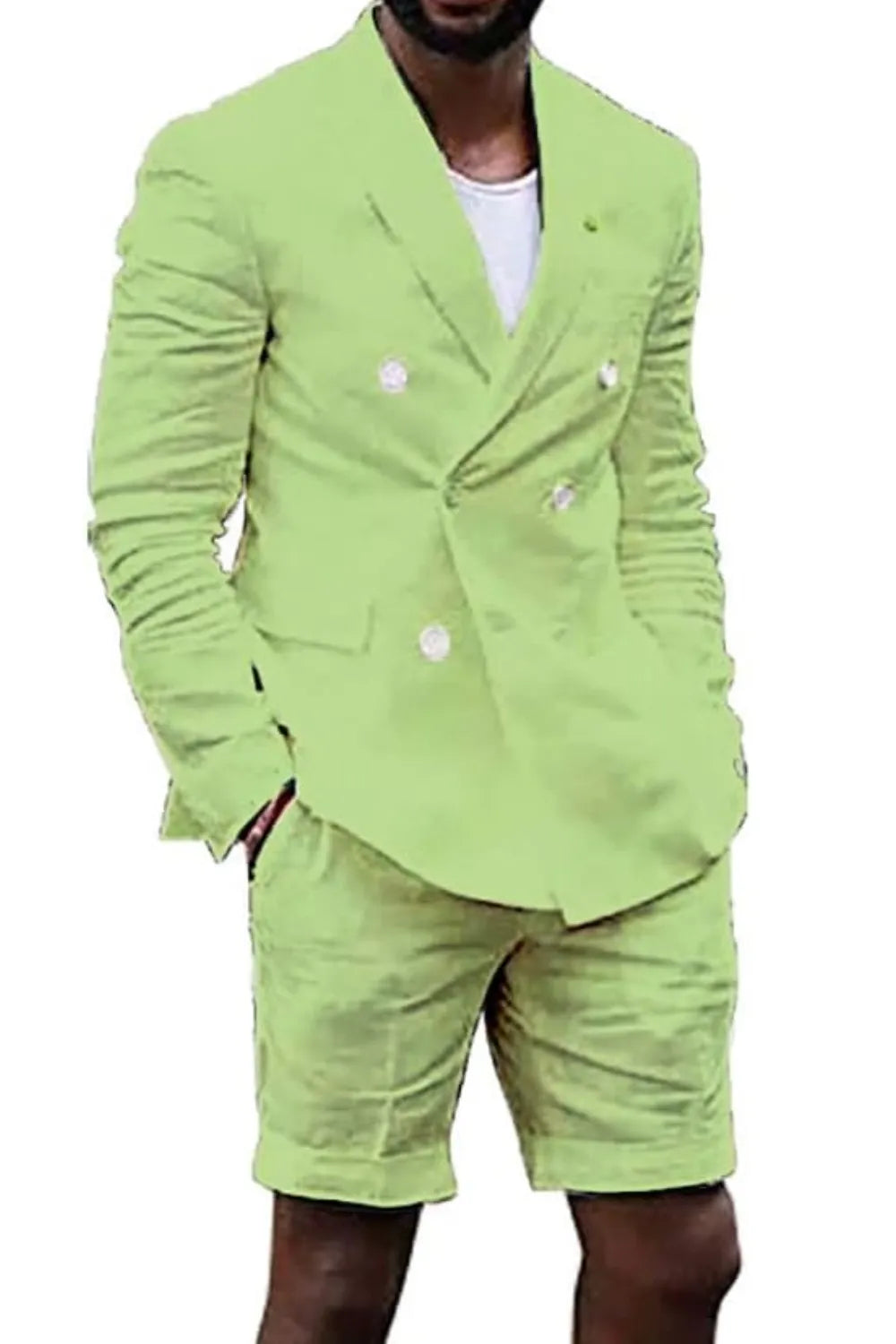 Green cotton linen blazer and shorts set for men – tailored casual summer fashion
