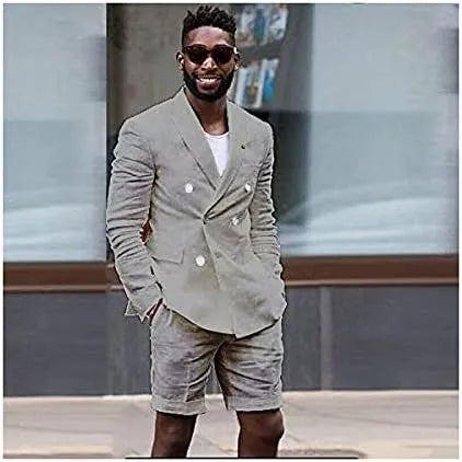 Men's light grey linen shorts suit with blazer – breathable summer outfit