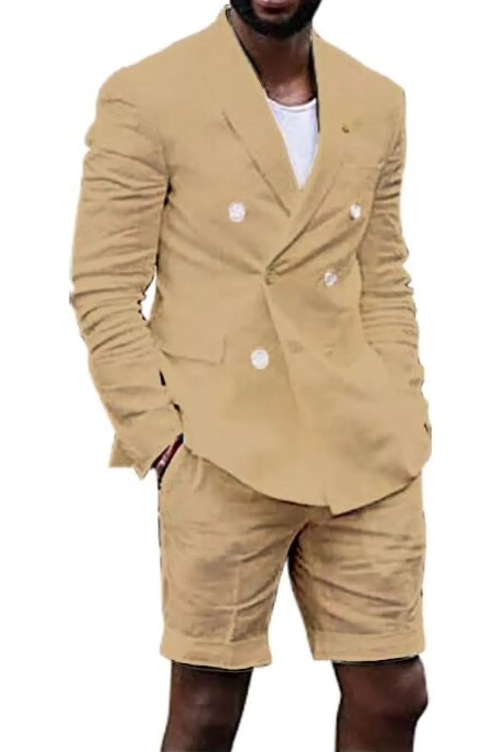 Khaki men's linen double breasted blazer and shorts suit – breathable summer wear