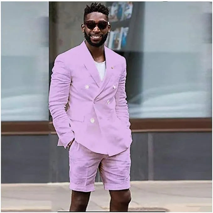 Men's purple cotton shorts suit with double breasted blazer – party and wedding look