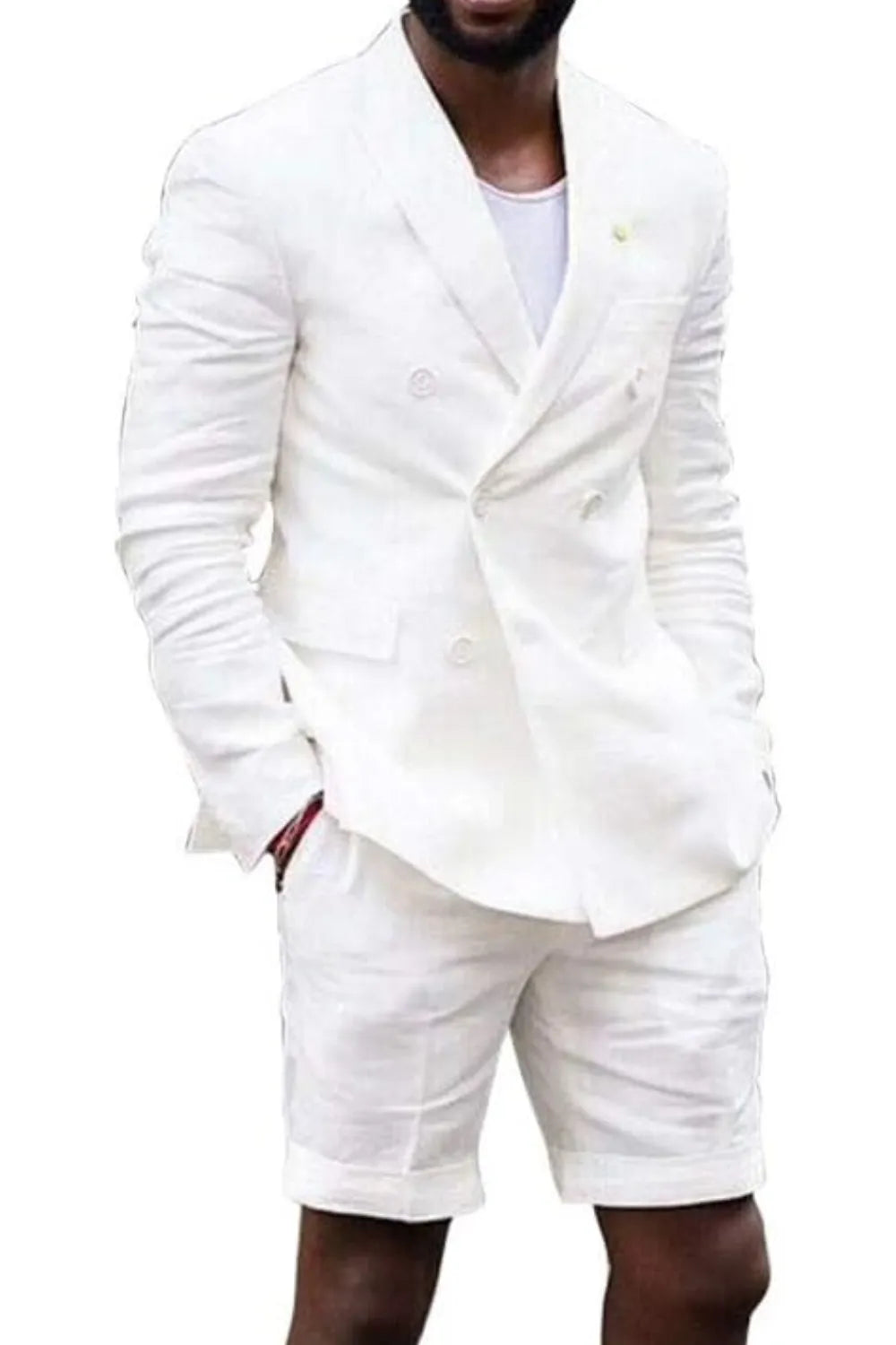 White linen double breasted blazer and shorts suit for men – crisp summer look