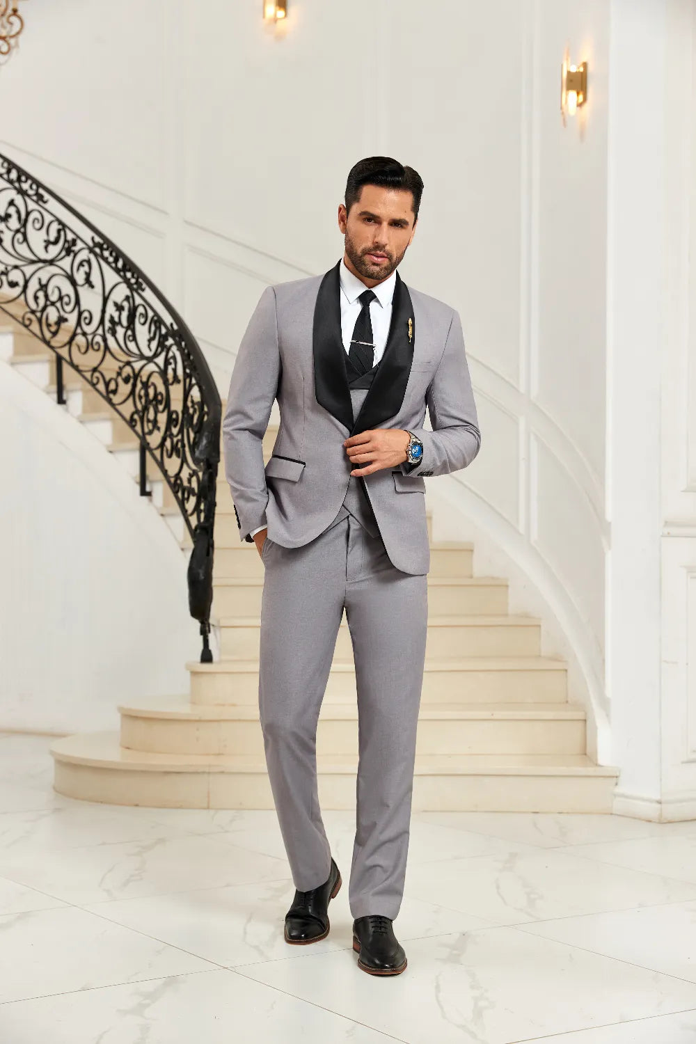 Men's Grey Big Collar 3 Pieces Suits