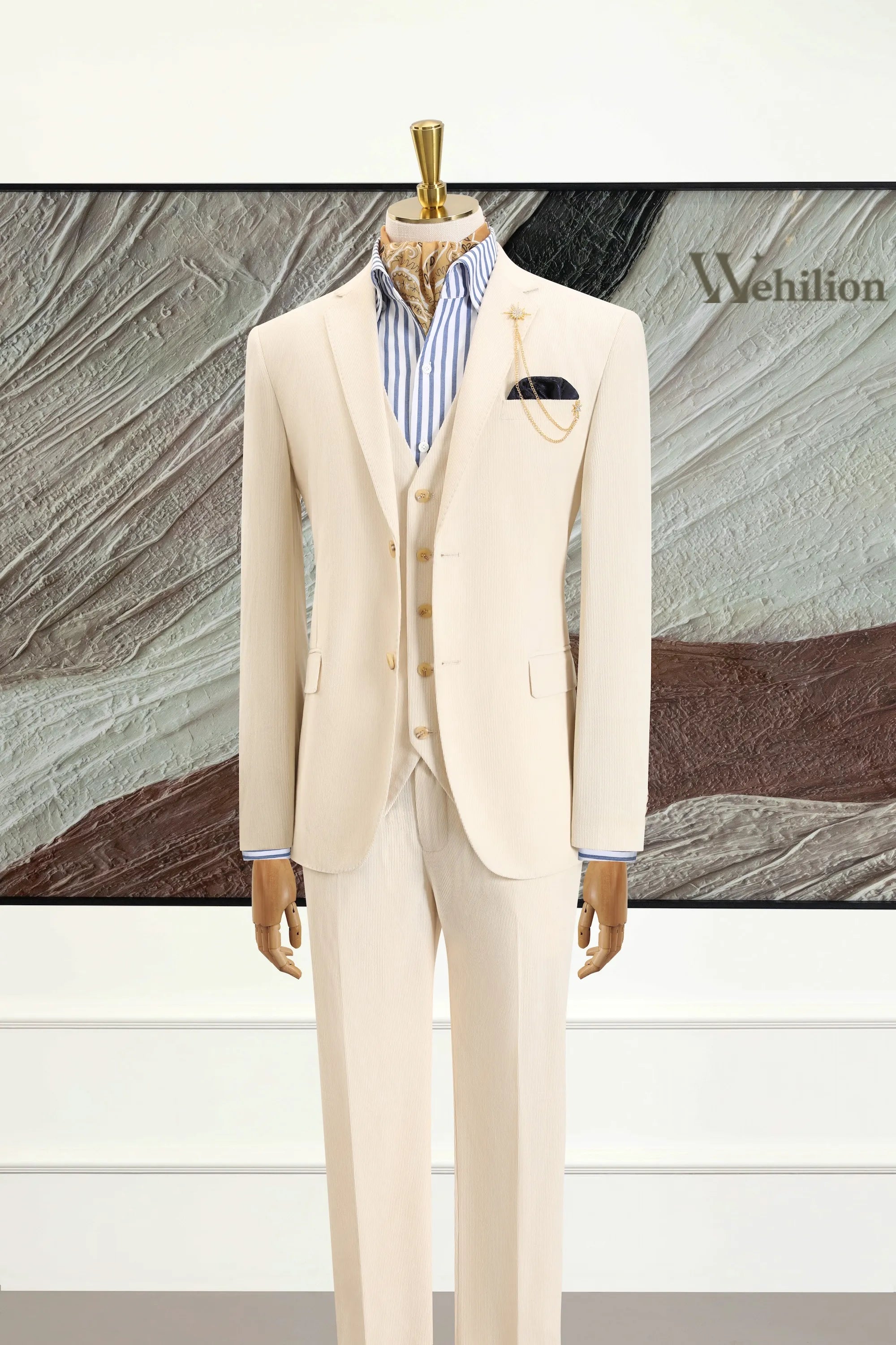 Men's Beige Corduroy 3 Piece Suits