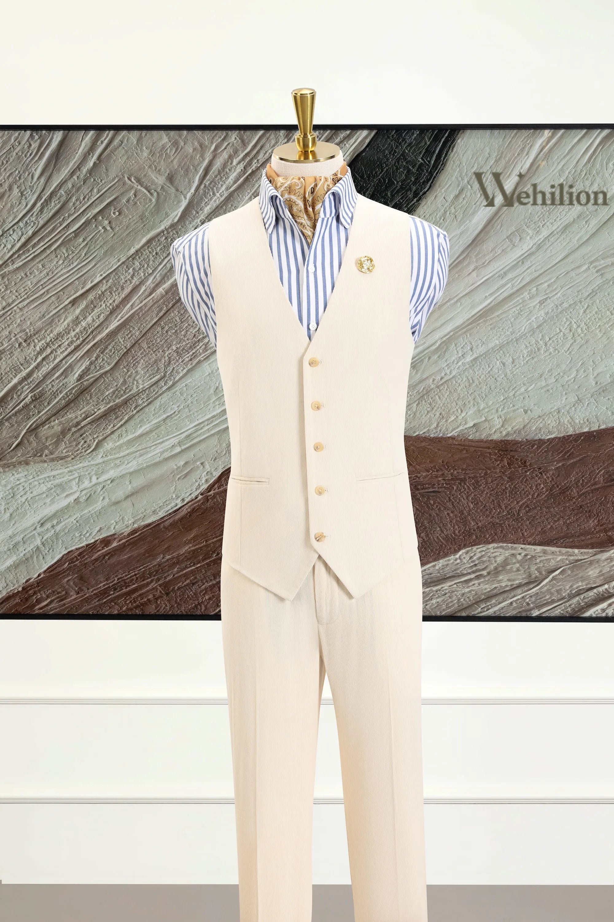 Men's Beige Corduroy 3 Piece Suits