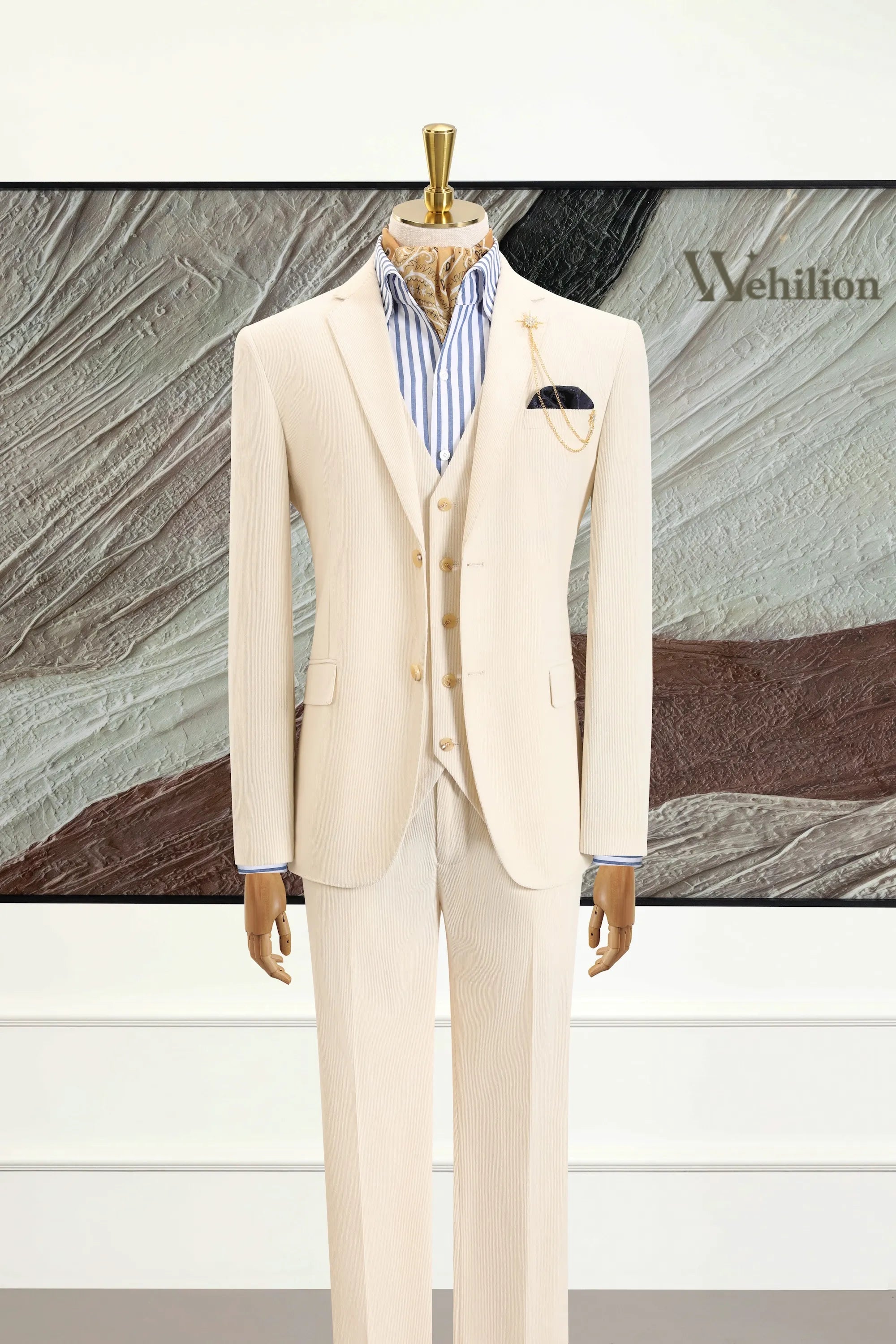 Men's Beige Corduroy 3 Piece Suits