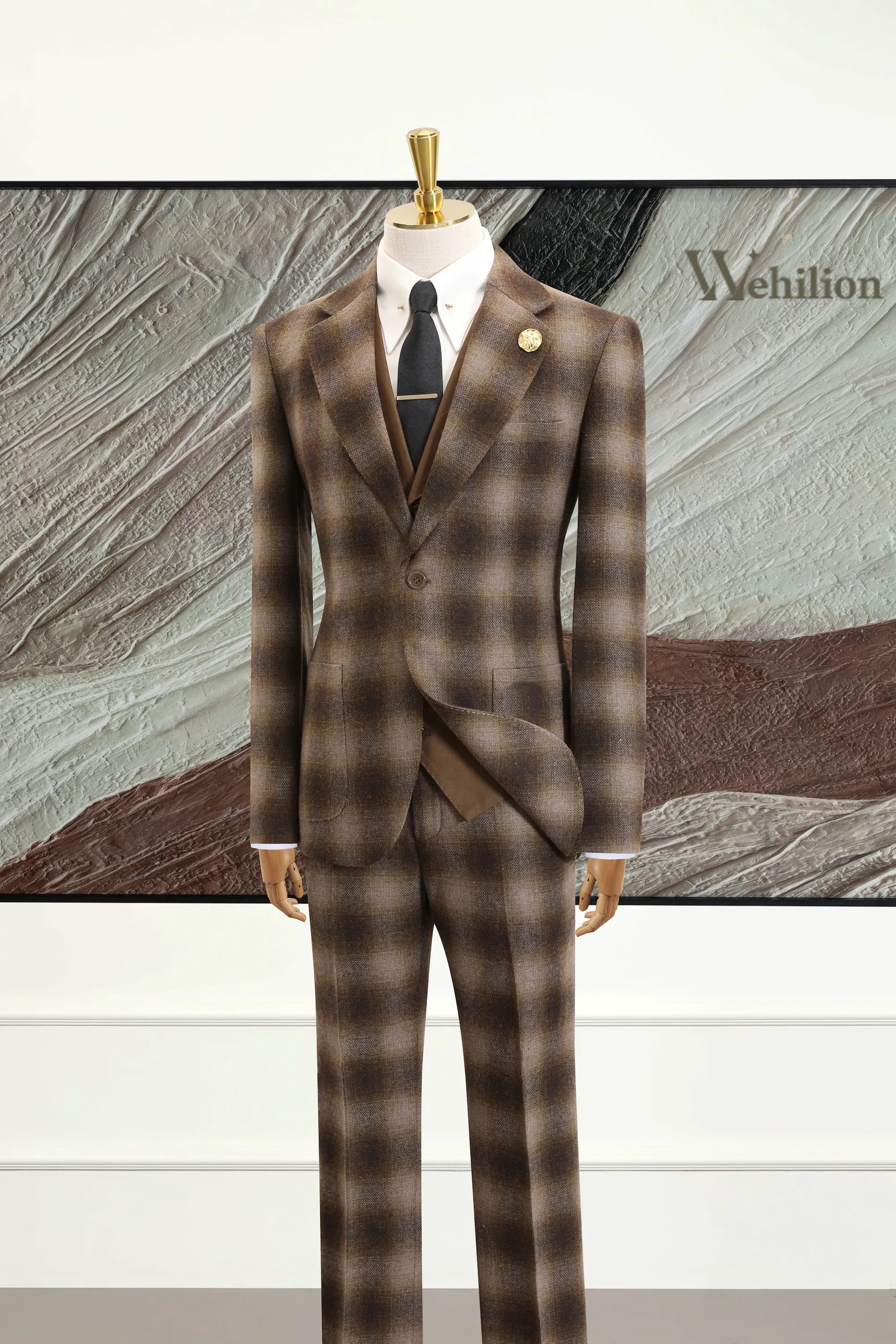 Men's Brown Plaid Herringbone 2 Piece Suits