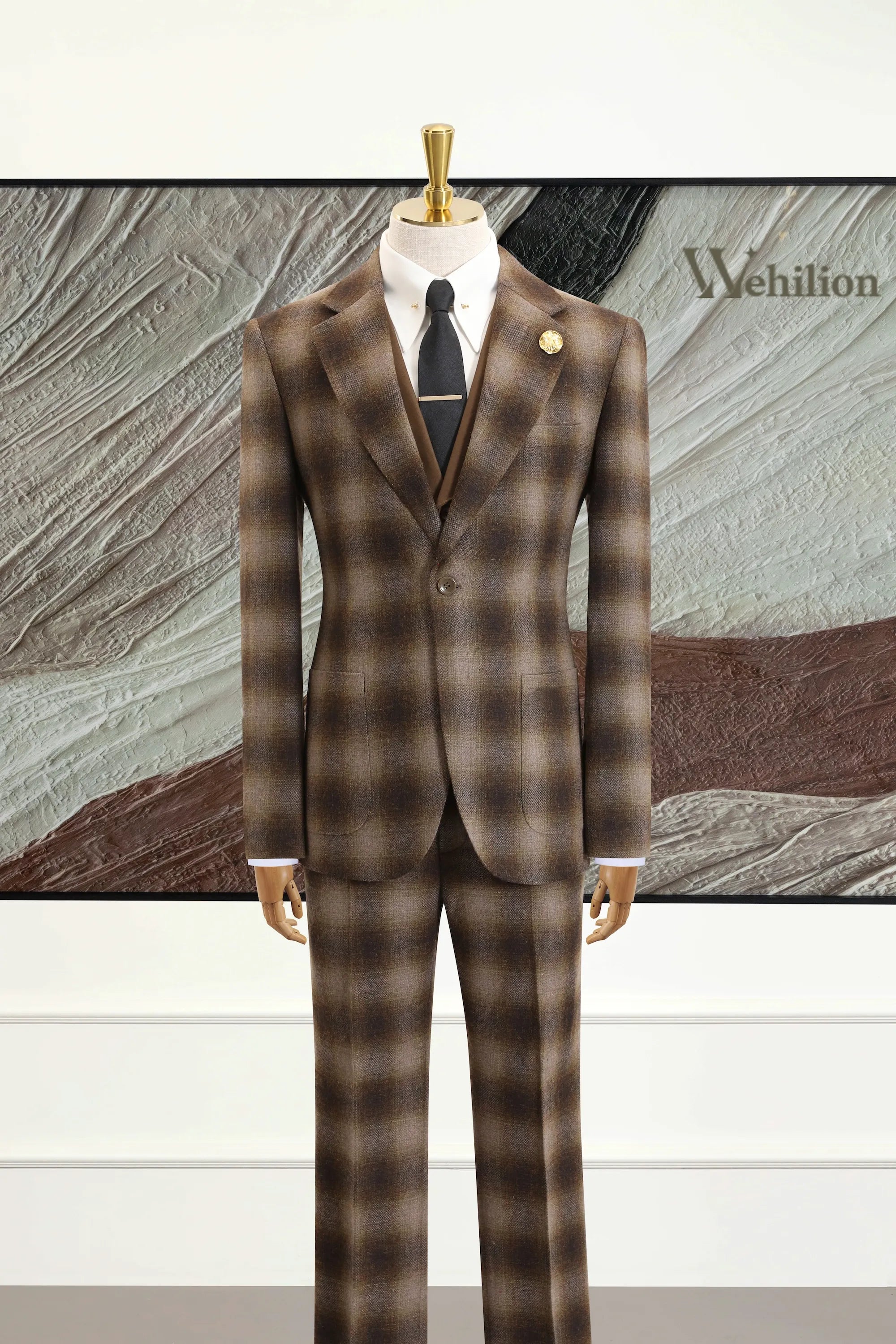 Men's Brown Plaid Herringbone 2 Piece Suits