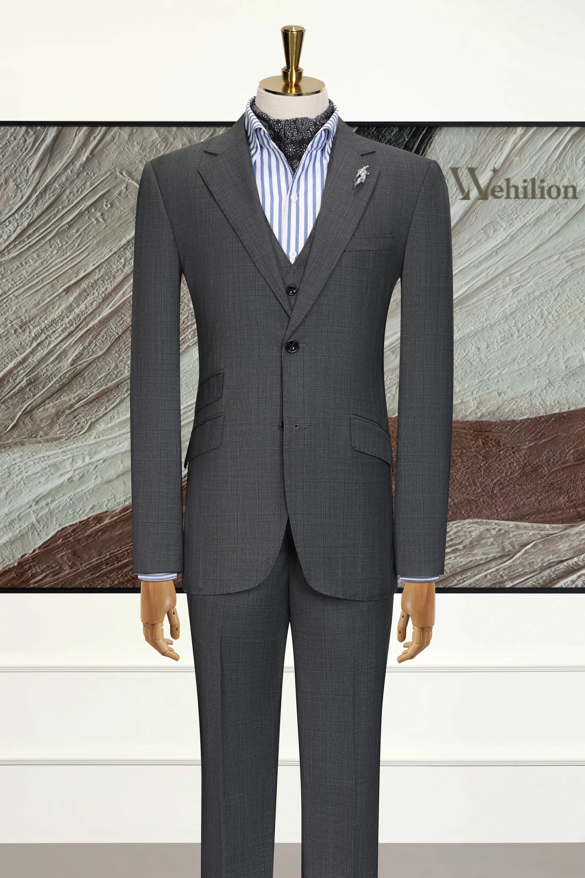 Men's Grey Plaid Woolen 3 Piece Suits