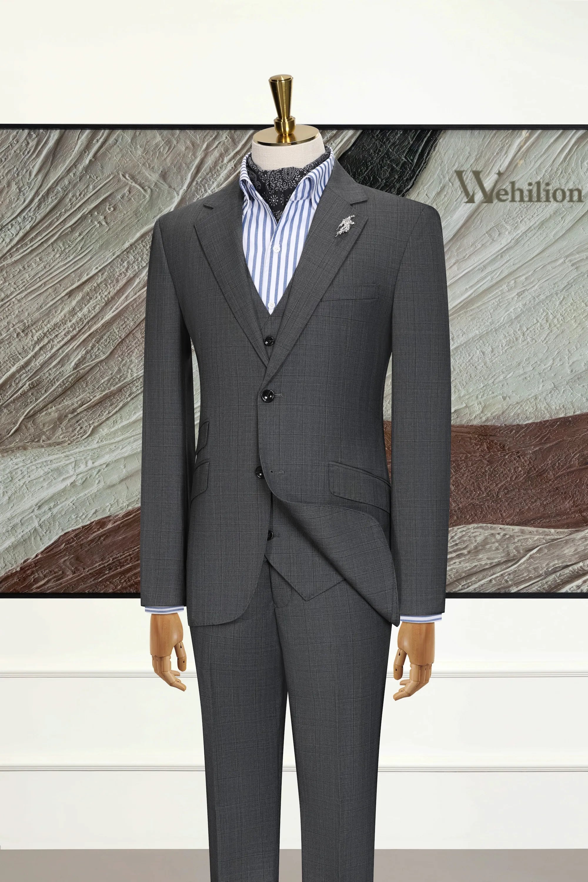 Men's Grey Plaid Woolen 3 Piece Suits