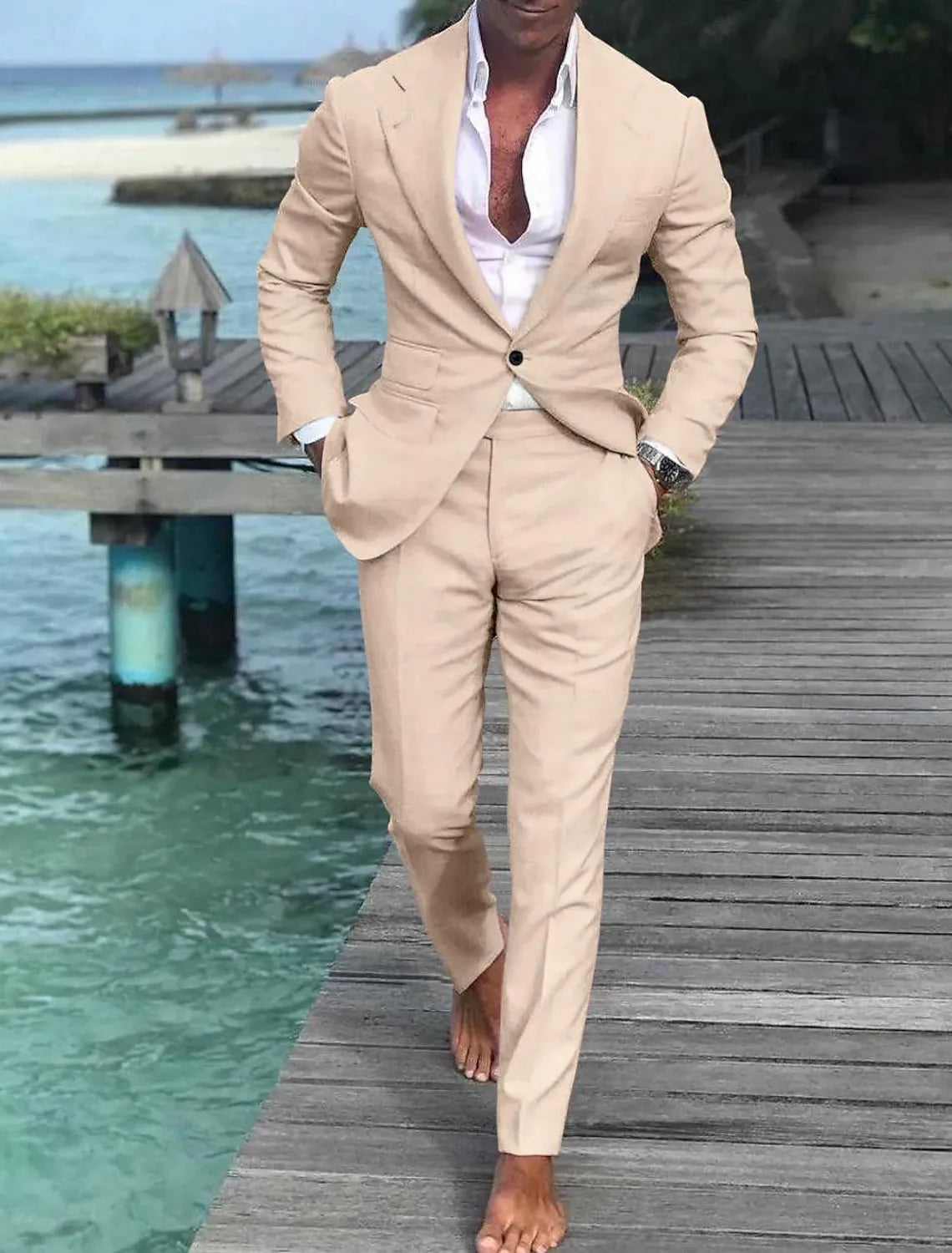 Men's beige linen suit – beach wedding outfit with notched lapel and white shirt