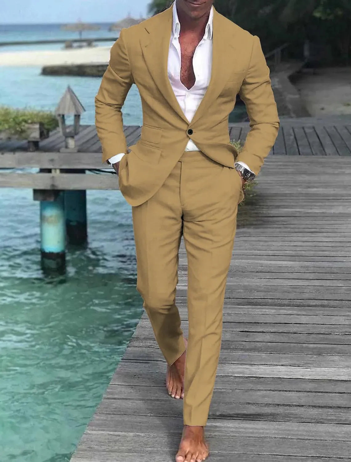 Men's brown linen 2 piece wedding suit – beach groom style in earth tones
