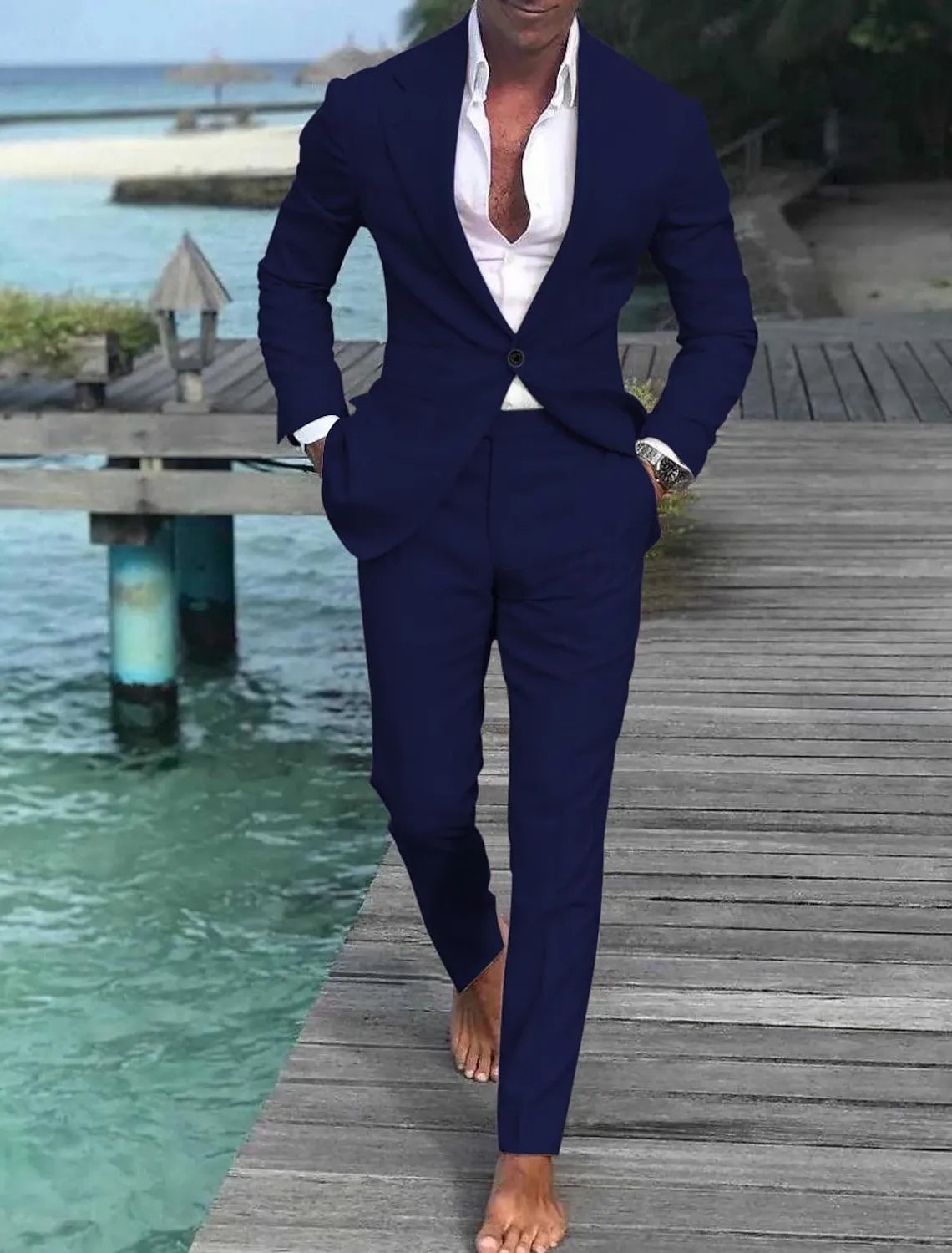 Men's dark blue slim fit linen wedding suit – summer groom outfit with white shirt