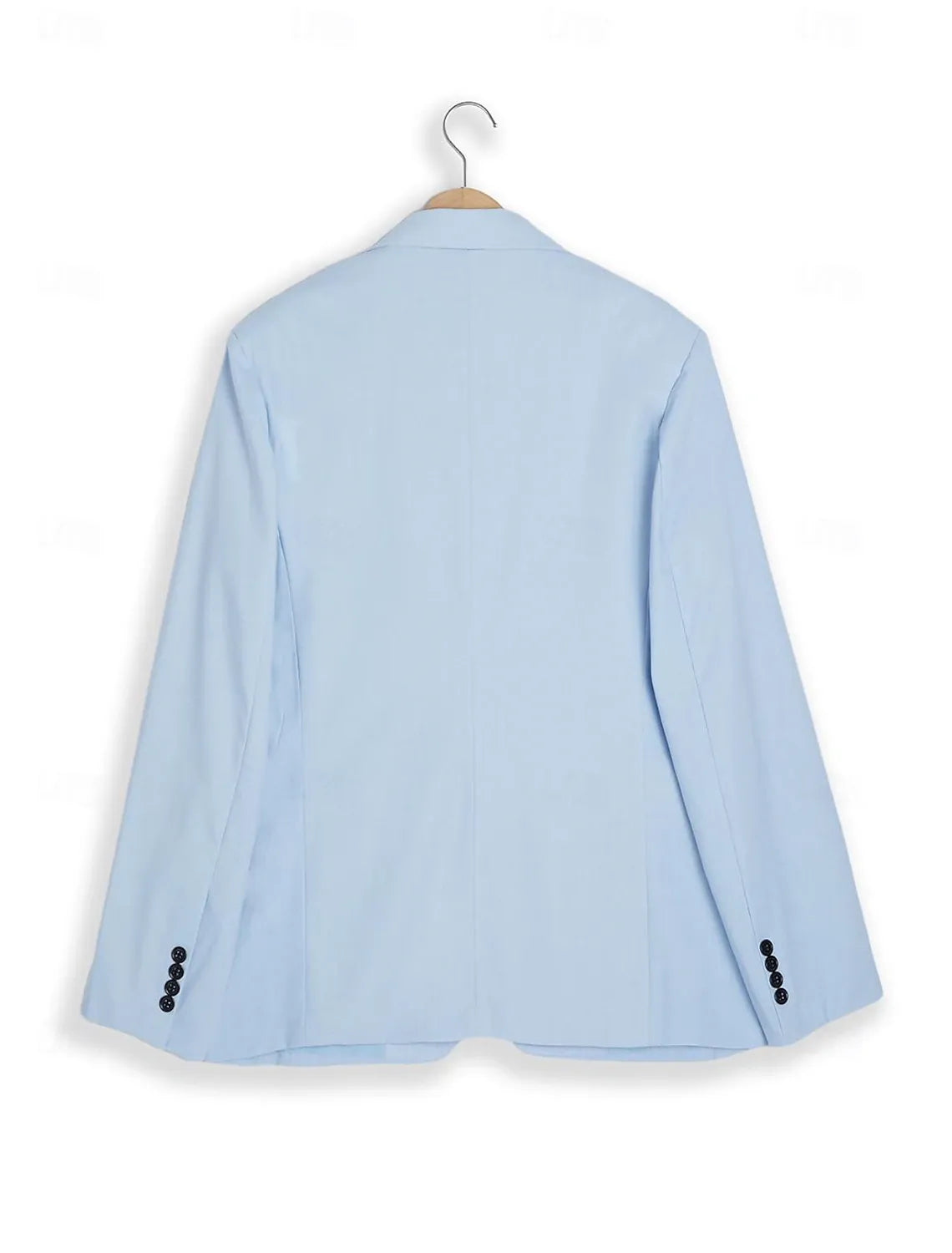 Men's light blue linen blazer – back view on wooden hanger, summer wedding suit jacket