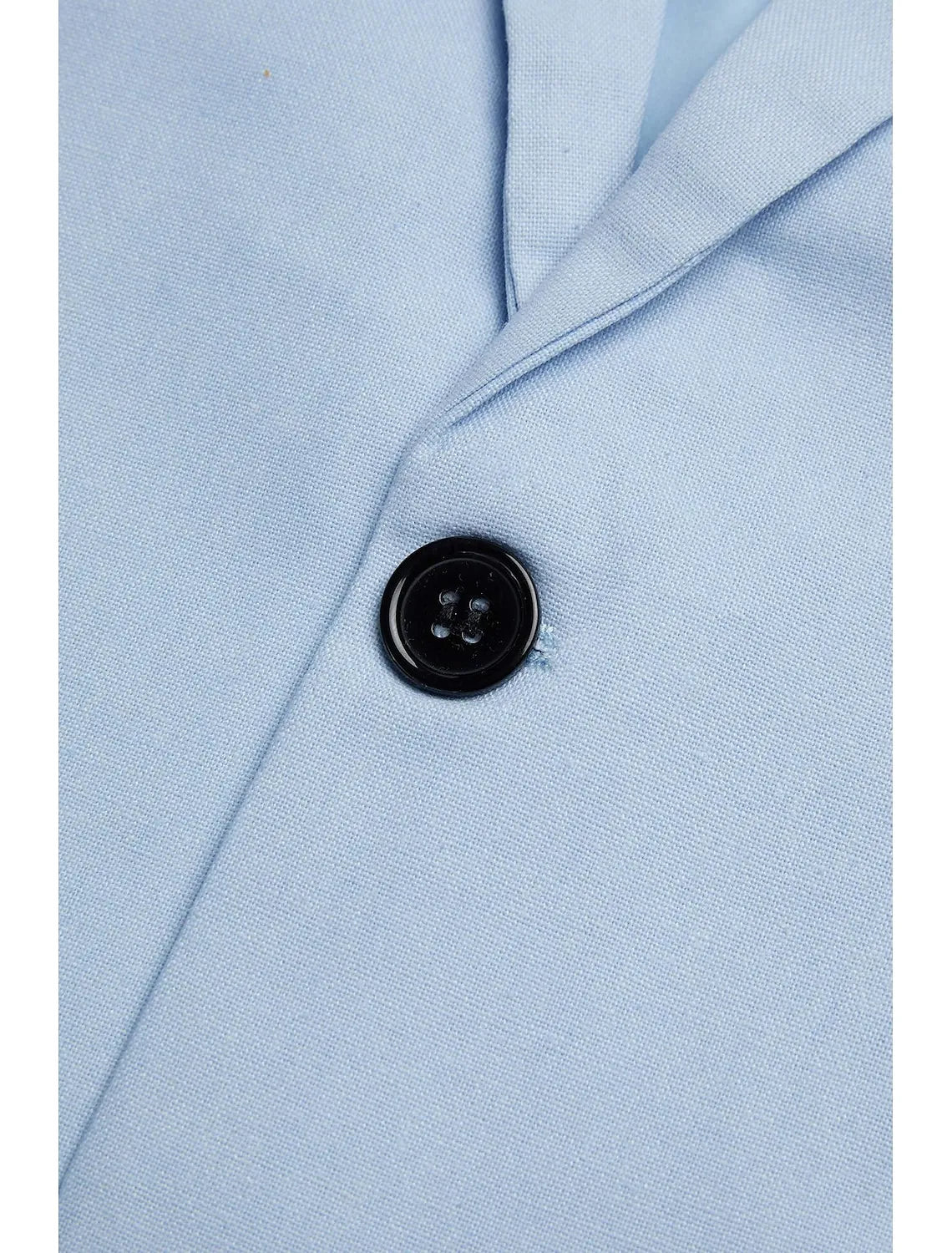 Detail of men's light blue linen blazer – fabric texture and notched lapel