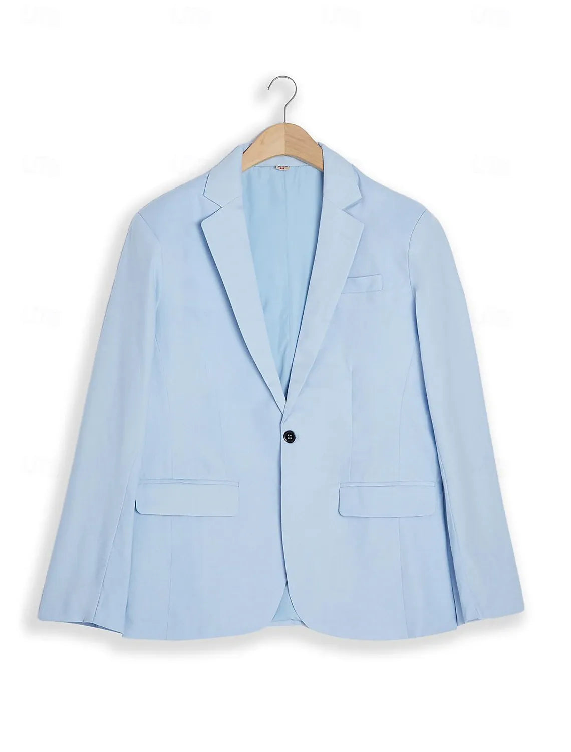 Men's light blue linen blazer – front view on wooden hanger, wedding suit jacket