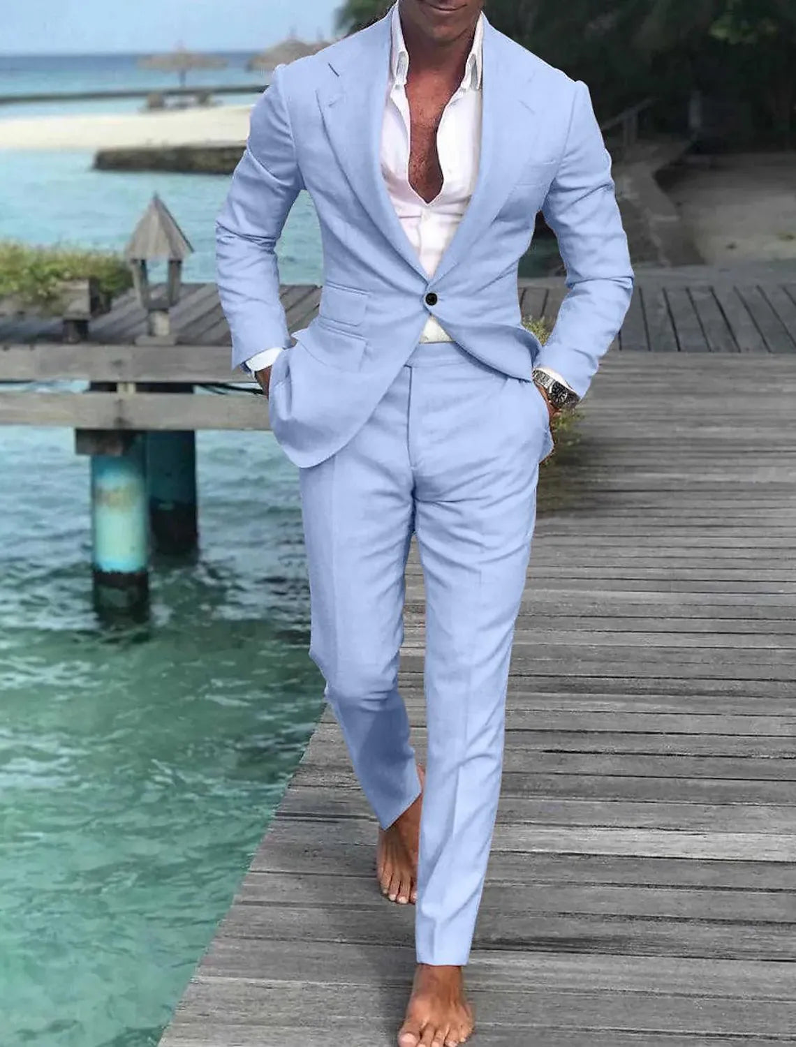 Men's light blue linen 2 piece single breasted suit – beach wedding outfit with open collar shirt