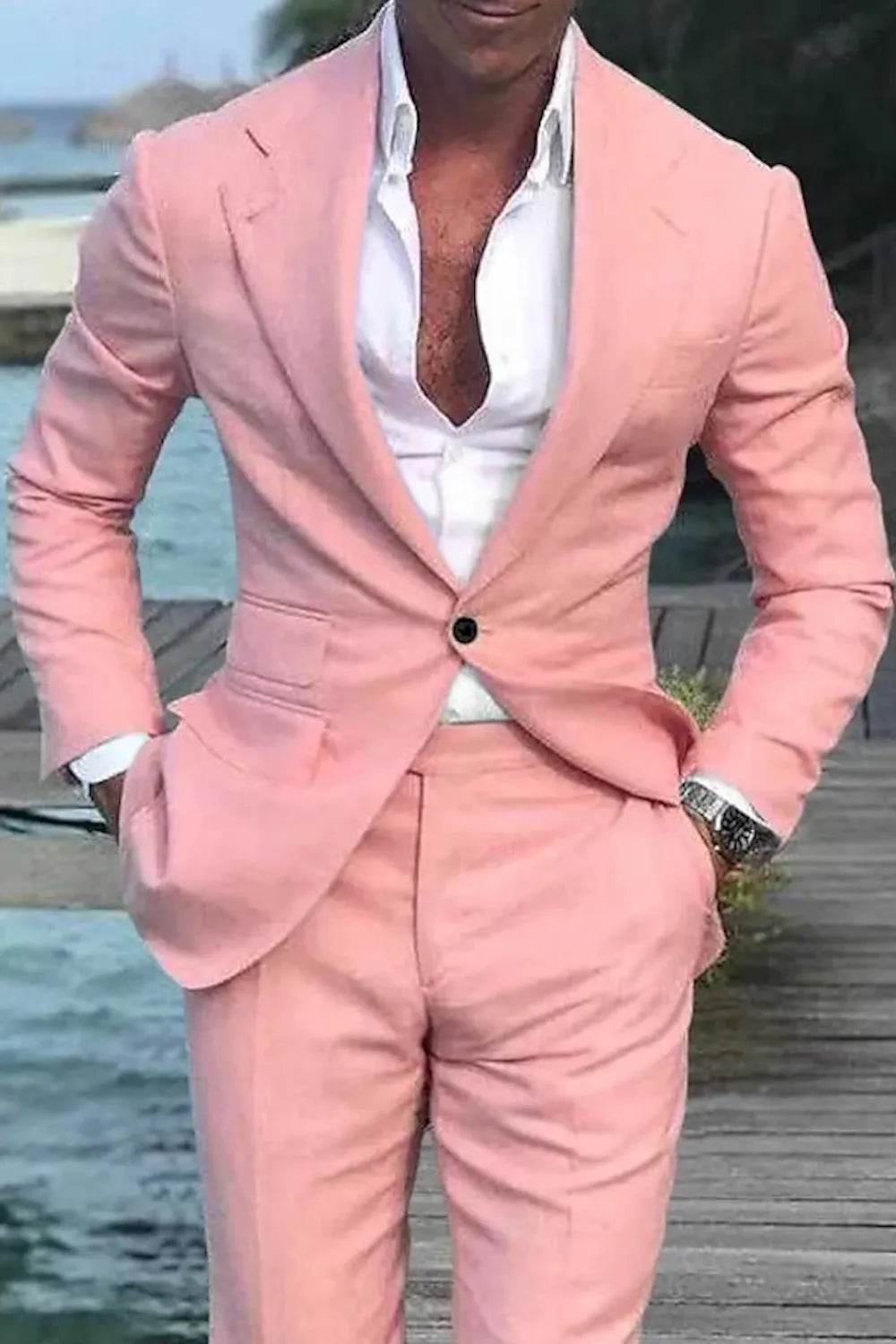 Men's pink linen 2 piece single breasted wedding suit – beach groom style with white shirt