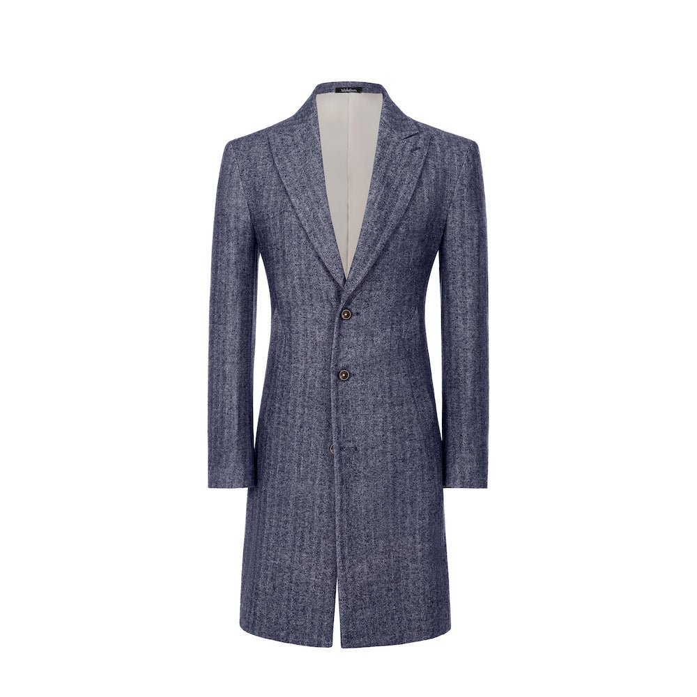 Blue wool trench coat for men – front view with gold buttons