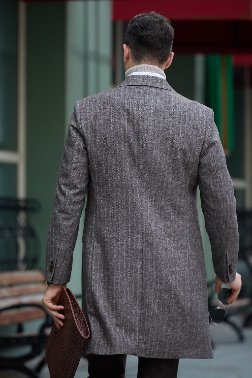 Back view of grey wool coat – straight fit winter styling for men