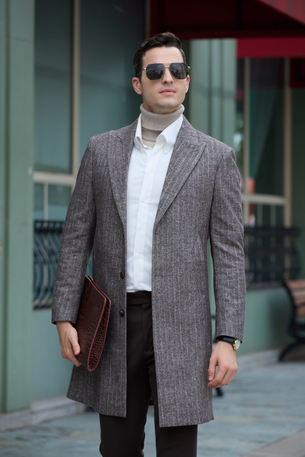 Men’s grey wool overcoat – layered with white shirt and turtleneck