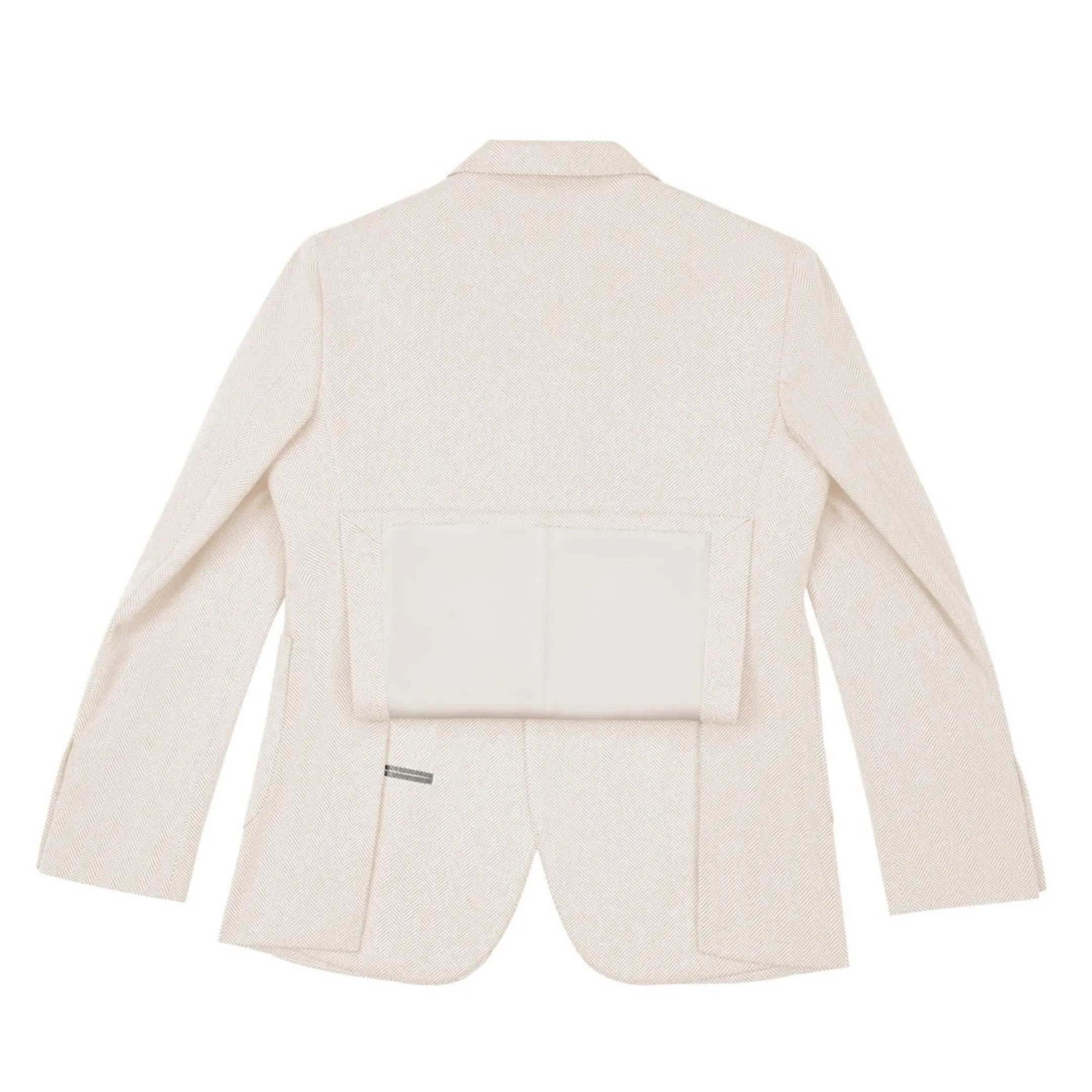 Inside view of men's beige herringbone business suit blazer – showing classic inner lining and craftsmanship