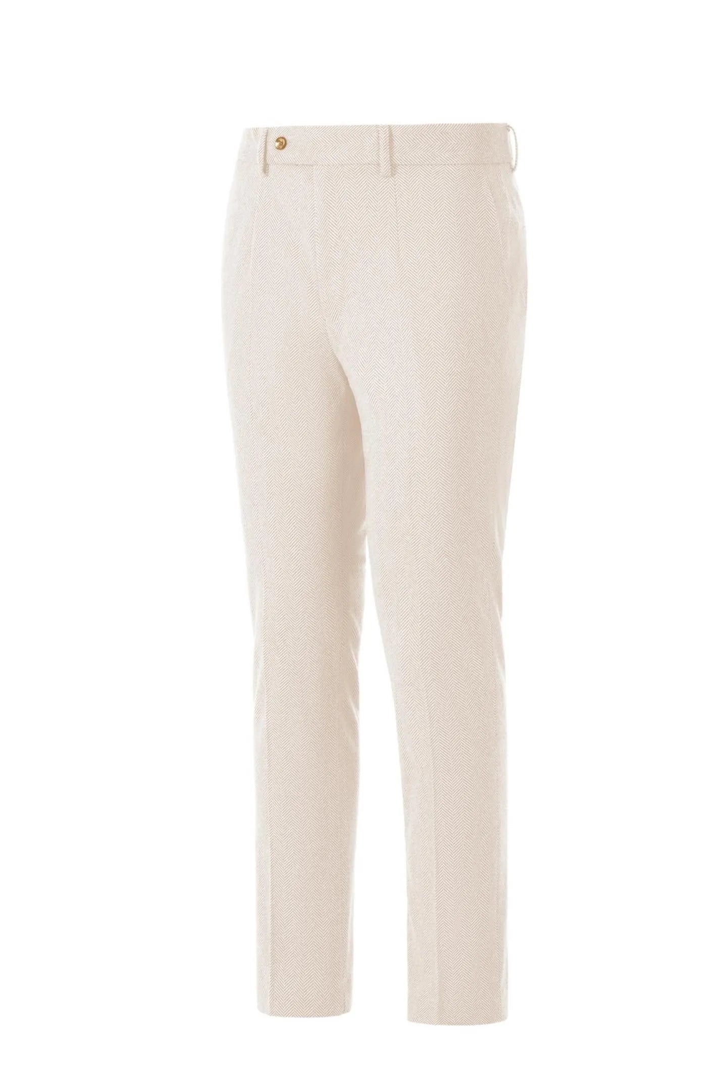 Side view of men's beige herringbone business suit pants – showcasing the classic 2-piece style fit