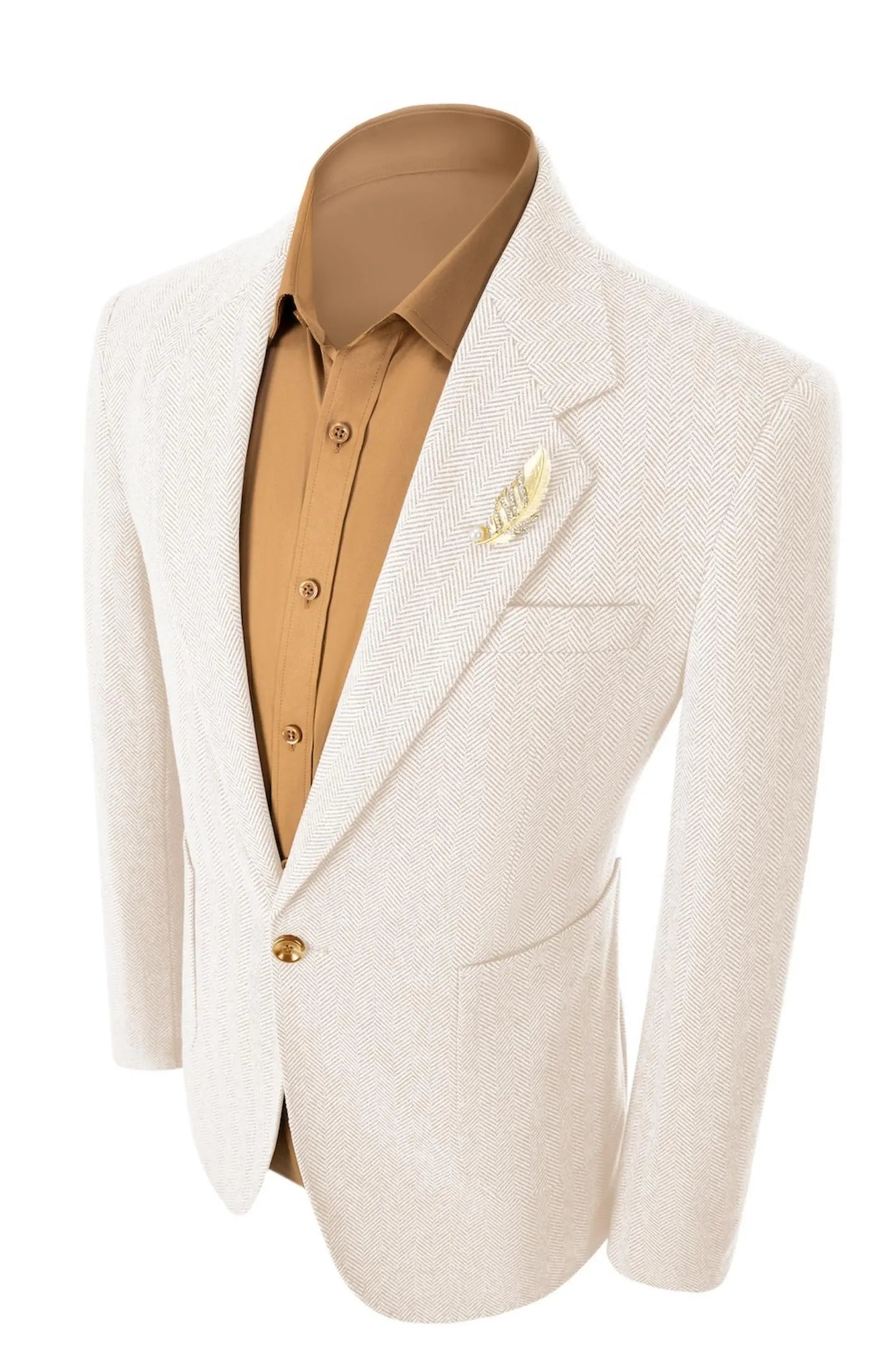 Left side view of men's beige herringbone business blazer – elegant tailored 2-piece style