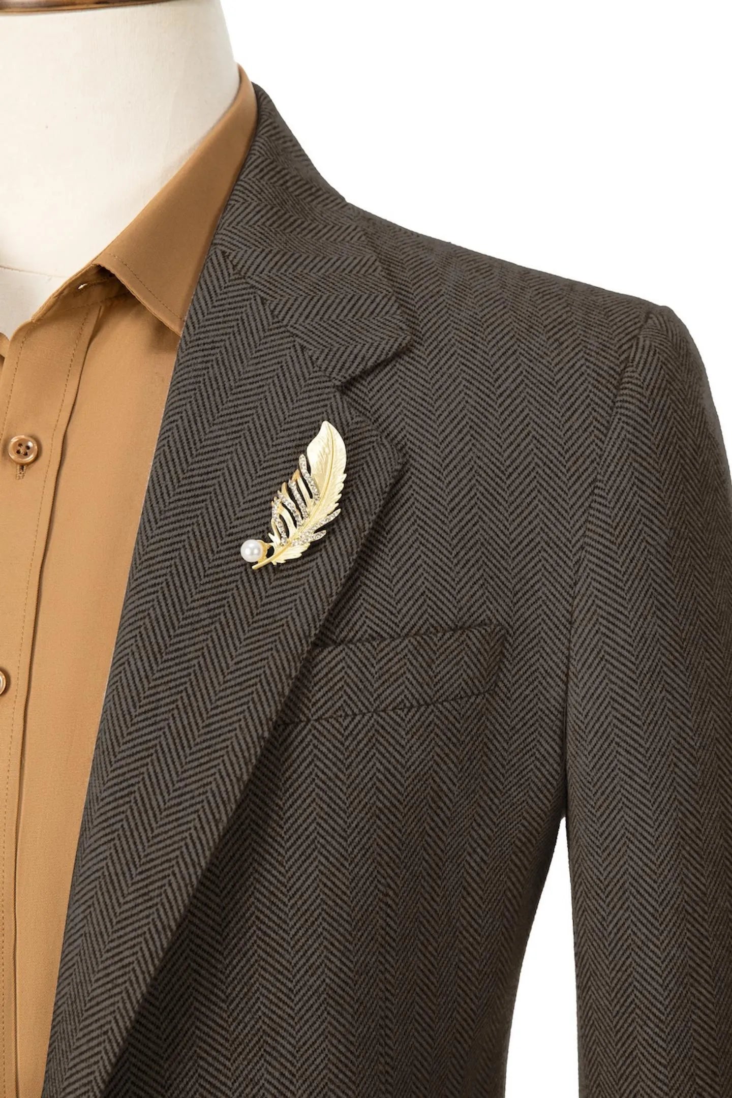Close-up of the collar on men's black brown herringbone business blazer – emphasizing classic design details
