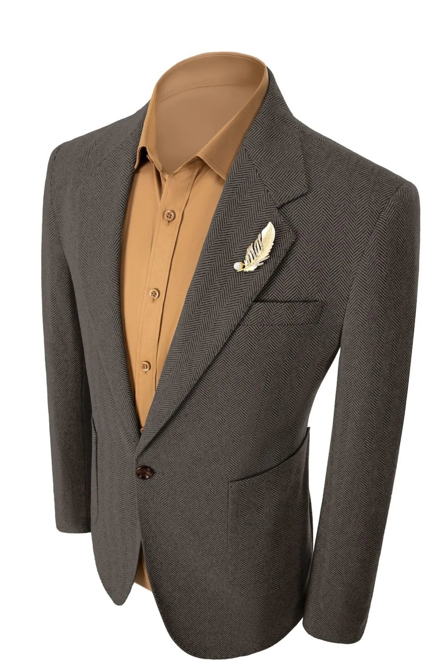 Left side view of men's black brown herringbone business suit – elegant 2-piece blazer and pants combo