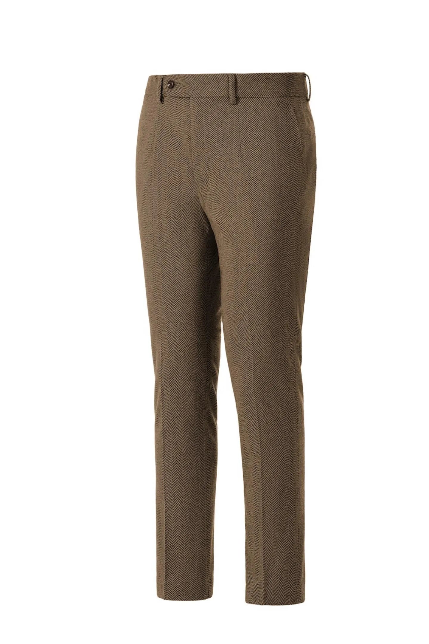 Side view of men's brown herringbone business suit pants – showcasing the classic tailored 2-piece suit fit