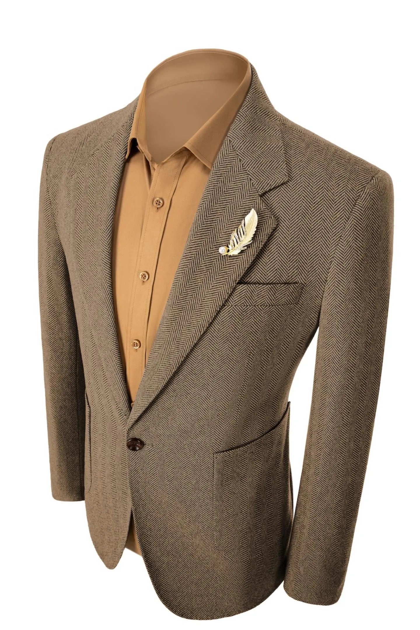 Left side view of men's brown herringbone business blazer – emphasizing tailored 2-piece fit and classic style