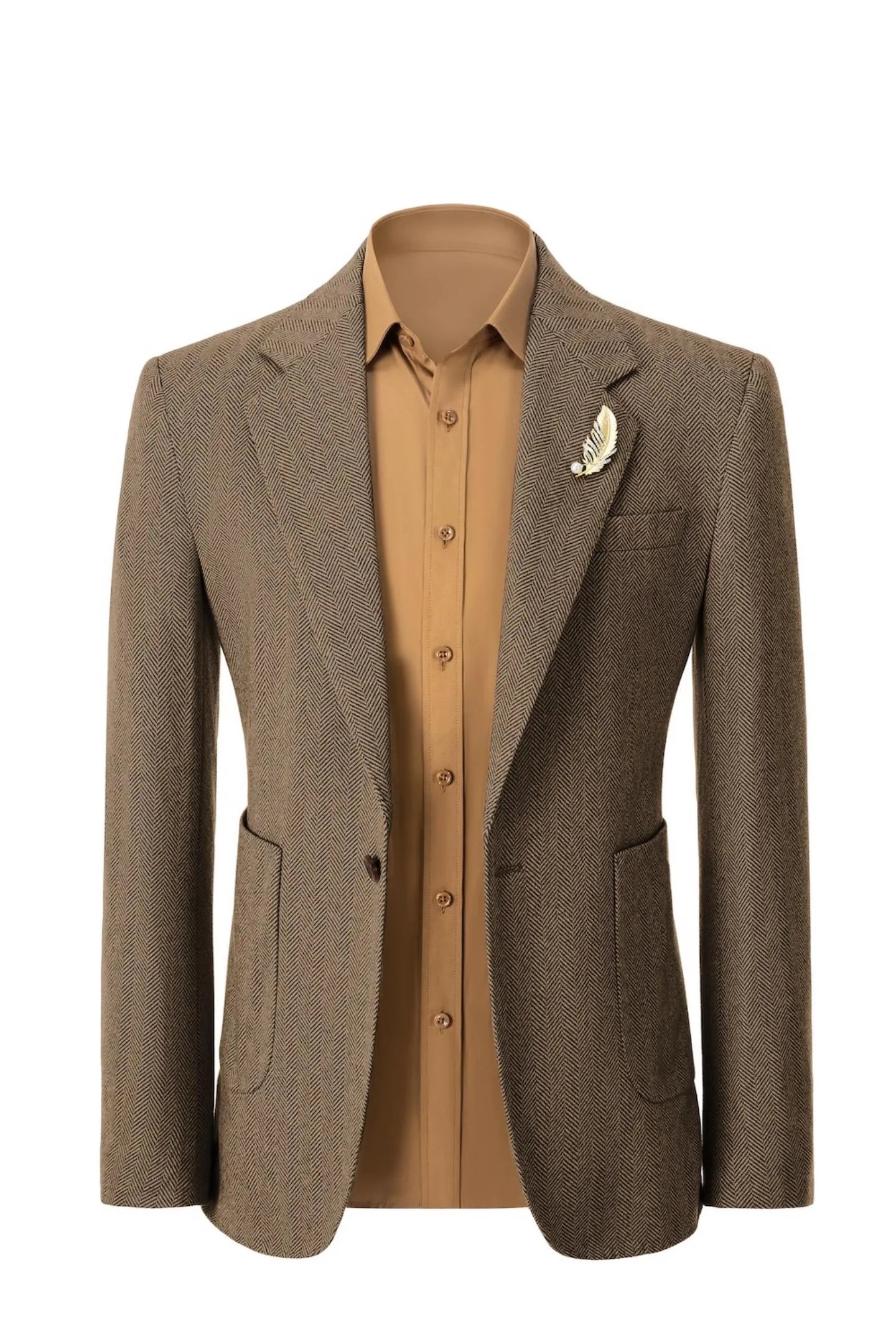 Front view of men's brown herringbone business blazer – showcasing classic 2-piece suit style